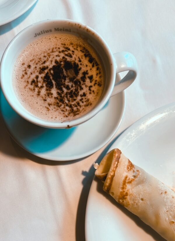 Breakfast: Freshly made pancakes with oat milk capuccino